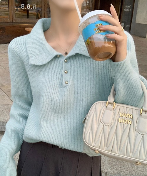 Girly Doll（ガーリードール）の「ポロカラーニット（ニット/セーター・レディース・ブラック/オフホワイト/ブルー/レッド/ピンク/モカ/ライトグリーン/ライトグレー/イエロー/グレイッシュベージュ/ネイビー・FREE）」の9枚目の写真