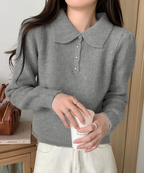 Girly Doll（ガーリードール）の「ポロカラーニット（ニット/セーター・レディース・ブラック/オフホワイト/ブルー/レッド/ピンク/モカ/ライトグリーン/ライトグレー/イエロー/グレイッシュベージュ/ネイビー・FREE）」の4枚目の写真