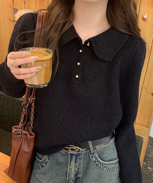 Girly Doll（ガーリードール）の「ポロカラーニット（ニット/セーター・レディース・ブラック/オフホワイト/ブルー/レッド/ピンク/モカ/ライトグリーン/ライトグレー/イエロー/グレイッシュベージュ/ネイビー・FREE）」の3枚目の写真