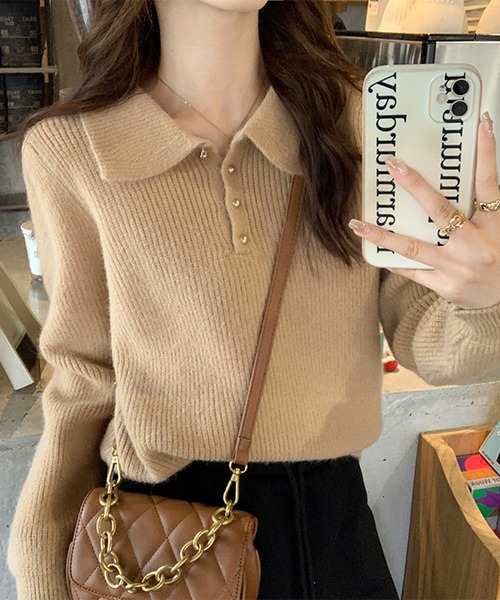 Girly Doll（ガーリードール）の「ポロカラーニット（ニット/セーター・レディース・ブラック/オフホワイト/ブルー/レッド/ピンク/モカ/ライトグリーン/ライトグレー/イエロー/グレイッシュベージュ/ネイビー・FREE）」の5枚目の写真