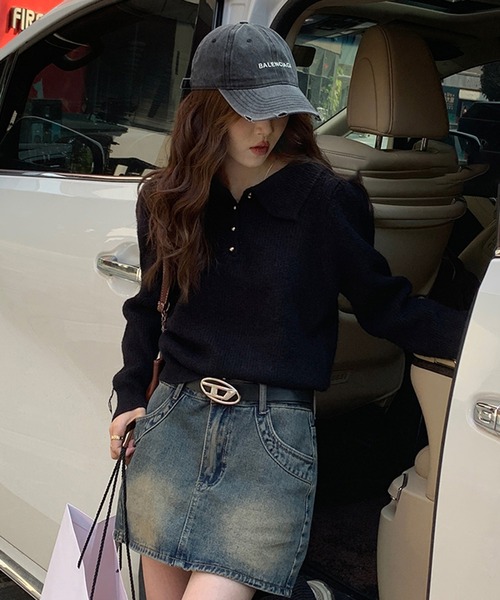 Girly Doll（ガーリードール）の「ポロカラーニット（ニット/セーター・レディース・ブラック/オフホワイト/ブルー/レッド/ピンク/モカ/ライトグリーン/ライトグレー/イエロー/グレイッシュベージュ/ネイビー・FREE）」の22枚目の写真