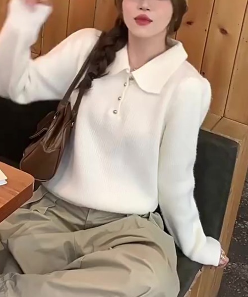 Girly Doll（ガーリードール）の「ポロカラーニット（ニット/セーター・レディース・ブラック/オフホワイト/ブルー/レッド/ピンク/モカ/ライトグリーン/ライトグレー/イエロー/グレイッシュベージュ/ネイビー・FREE）」の16枚目の写真