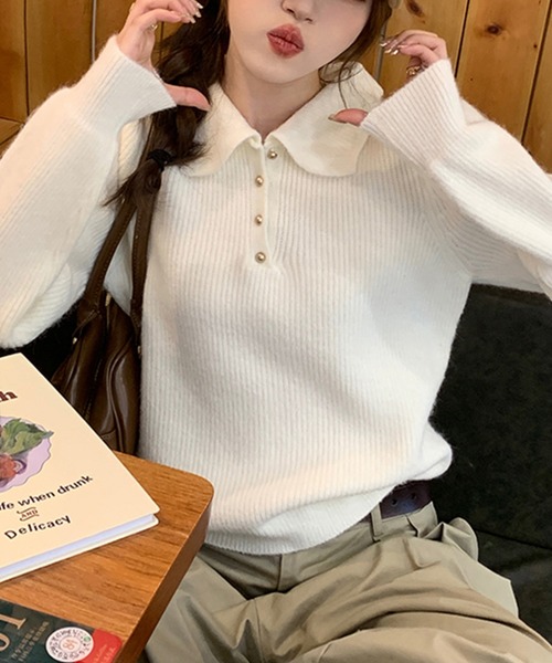 Girly Doll（ガーリードール）の「ポロカラーニット（ニット/セーター・レディース・ブラック/オフホワイト/ブルー/レッド/ピンク/モカ/ライトグリーン/ライトグレー/イエロー/グレイッシュベージュ/ネイビー・FREE）」の12枚目の写真