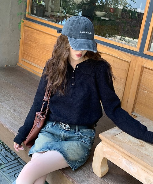 Girly Doll（ガーリードール）の「ポロカラーニット（ニット/セーター・レディース・ブラック/オフホワイト/ブルー/レッド/ピンク/モカ/ライトグリーン/ライトグレー/イエロー/グレイッシュベージュ/ネイビー・FREE）」の21枚目の写真