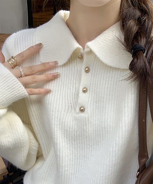 Girly Doll（ガーリードール）の「ポロカラーニット（ニット/セーター・レディース・ブラック/オフホワイト/ブルー/レッド/ピンク/モカ/ライトグリーン/ライトグレー/イエロー/グレイッシュベージュ/ネイビー・FREE）」の13枚目の写真