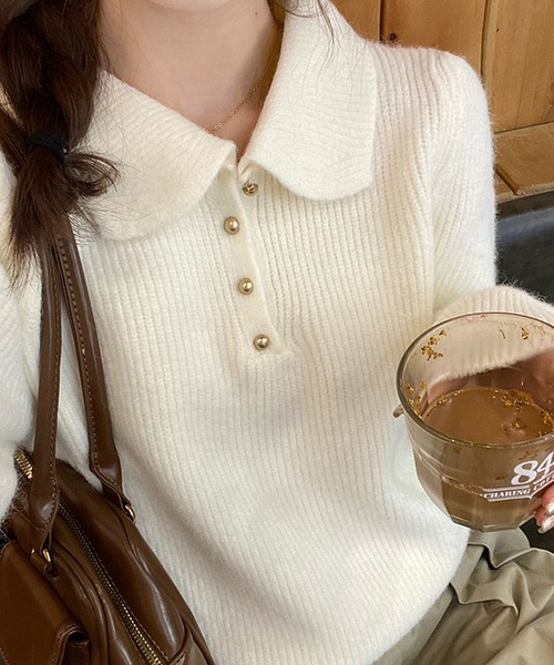 Girly Doll（ガーリードール）の「ポロカラーニット（ニット/セーター・レディース・ブラック/オフホワイト/ブルー/レッド/ピンク/モカ/ライトグリーン/ライトグレー/イエロー/グレイッシュベージュ/ネイビー・FREE）」の14枚目の写真