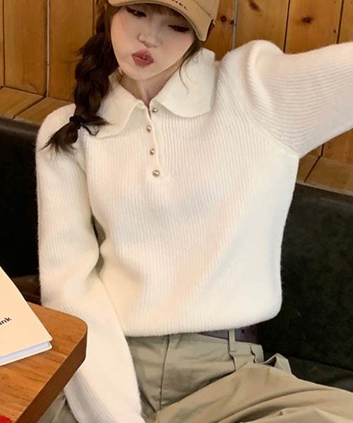 Girly Doll（ガーリードール）の「ポロカラーニット（ニット/セーター・レディース・ブラック/オフホワイト/ブルー/レッド/ピンク/モカ/ライトグリーン/ライトグレー/イエロー/グレイッシュベージュ/ネイビー・FREE）」の15枚目の写真