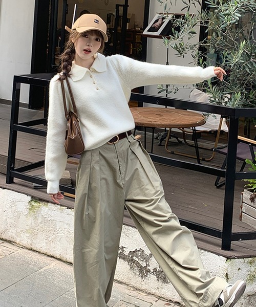 Girly Doll（ガーリードール）の「ポロカラーニット（ニット/セーター・レディース・ブラック/オフホワイト/ブルー/レッド/ピンク/モカ/ライトグリーン/ライトグレー/イエロー/グレイッシュベージュ/ネイビー・FREE）」の17枚目の写真