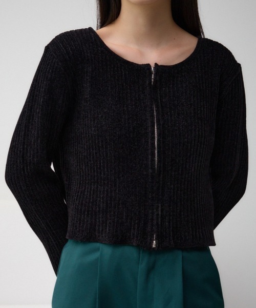ウール ニットカーディガン 黒 セーター ロング Wジップ シンプル ブラック JOHNNY WOLF（ジョニーウルフ） カーディガン VARESA ジップアップ