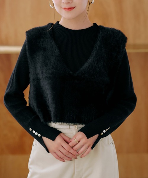 フェザーVネックニットベスト 【低身長・小柄女性】（ベスト