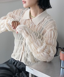 【forksy.】シャーリング 襟付き シアーニット カーディガン