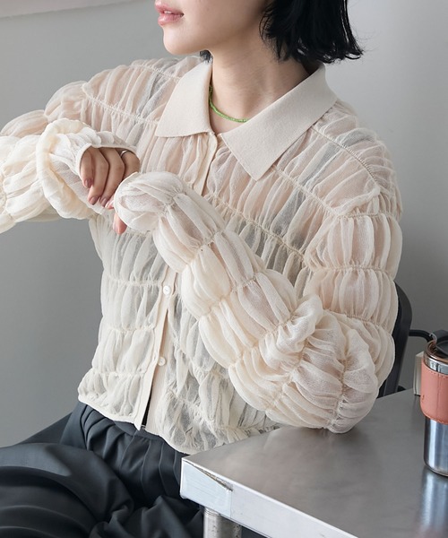 forksy.】シャーリング 襟付き シアーニット カーディガン