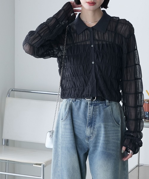 forksy.(フォルクシー)の「【forksy.】シャーリング 襟付き シアーニット カーディガン(シャツ/ブラウス・レディース・チャコール/アイボリー/オリーブ・FREE)」の19枚目の写真