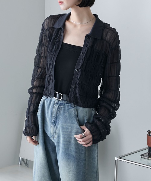 カーディガン シャーリングシアーニット レディース forksy.】シャーリング 襟付き シアーニット カーディガン