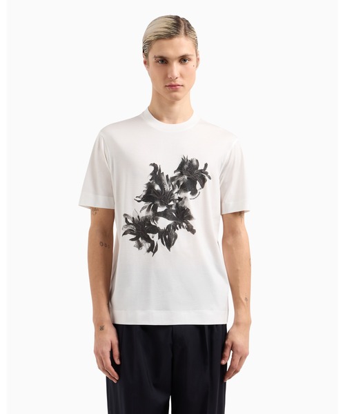 EMPORIO ARMANI Tシャツ リヨセル混紡ジャージー ASVロゴ刺繍 ASV Tシャツ リヨセル混紡ジャージー プリント＆フローラル刺繍