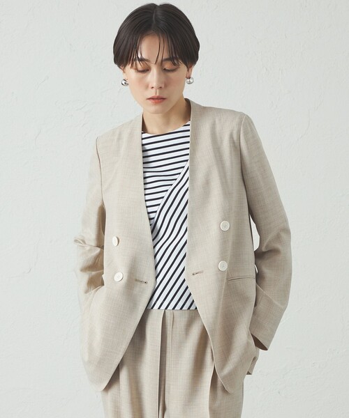 CAST:（キャストコロン）の「【セットアップ対応/洗える/吸水速乾】リネンライクノーカラーサマージャケット（テーラードジャケット・レディース・ネイビー/ベージュ/ブラック・S/M/L）」の3枚目の写真