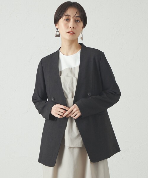 CAST:（キャストコロン）の「【セットアップ対応/洗える/吸水速乾】リネンライクノーカラーサマージャケット（テーラードジャケット・レディース・ネイビー/ベージュ/ブラック・S/M/L）」の2枚目の写真