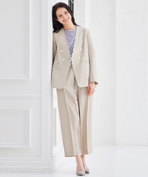 CAST:（キャストコロン）の「【セットアップ対応/洗える/吸水速乾】リネンライクノーカラーサマージャケット（テーラードジャケット・レディース・ネイビー/ベージュ/ブラック・S/M/L）」の4枚目の写真