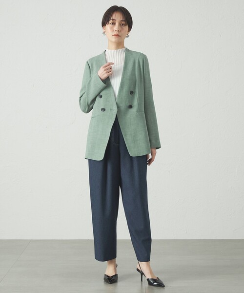 美品 カリテ リネンライクオーバージャケット ネイビー ノーカラー 定価3.9万 美品 カリテ リネンライクオーバージャケット ネイビー ノー
