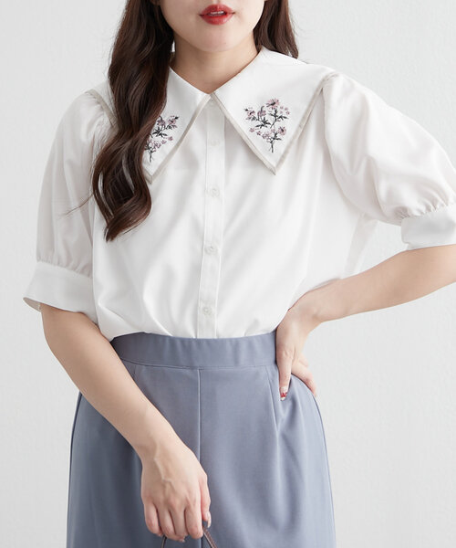 Another Branch olive des olive(アナザーブランチオリーブデオリーブ)の「≪人気デザイン≫衿刺繍半袖ブラウス(シャツ/ブラウス・レディース・ミント/ネイビー/オフホワイト/サックスブルー・FREE)」の5枚目の写真