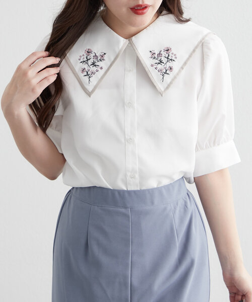 Another Branch olive des olive(アナザーブランチオリーブデオリーブ)の「≪人気デザイン≫衿刺繍半袖ブラウス(シャツ/ブラウス・レディース・ミント/ネイビー/オフホワイト/サックスブルー・FREE)」の7枚目の写真