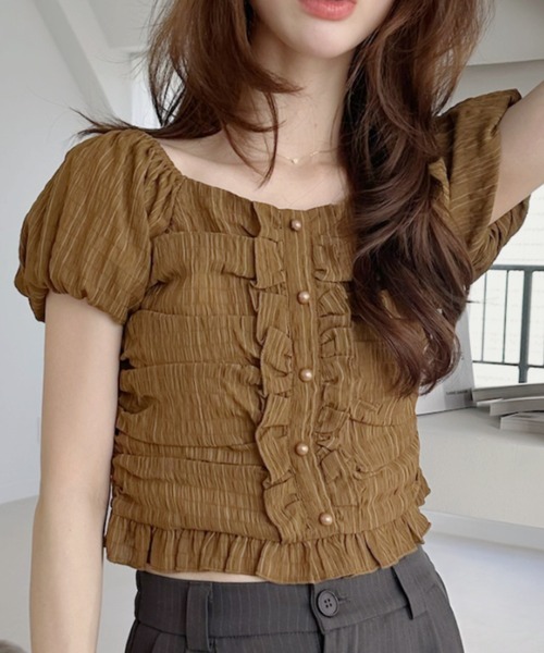 Ada.(エイダ)の「2WAY ボタンデザイン ふんわり パフリーブ ブラウス(シャツ/ブラウス・レディース・ブラック/アイボリー/グリーン/ライトブルー/ホワイト/ブラウン/ライトピンク・M/L)」の5枚目の写真