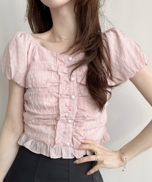 Ada.(エイダ)の「2WAY ボタンデザイン ふんわり パフリーブ ブラウス(シャツ/ブラウス・レディース・ブラック/アイボリー/グリーン/ライトブルー/ホワイト/ブラウン/ライトピンク・M/L)」の7枚目の写真