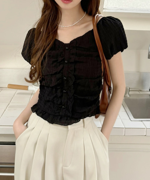 Ada.(エイダ)の「2WAY ボタンデザイン ふんわり パフリーブ ブラウス(シャツ/ブラウス・レディース・ブラック/アイボリー/グリーン/ライトブルー/ホワイト/ブラウン/ライトピンク・M/L)」の22枚目の写真