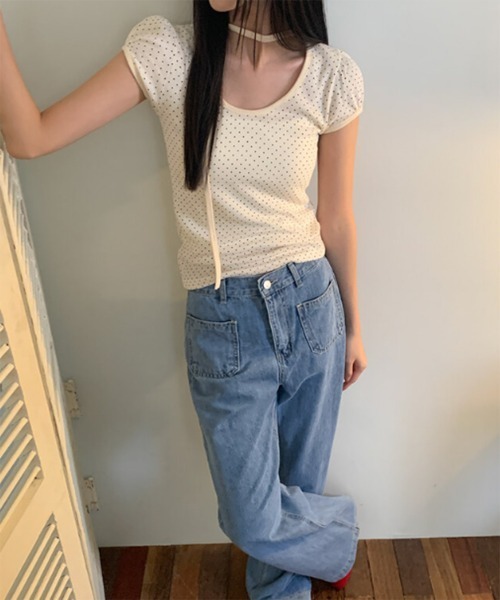 by muni:r(バイ ムニール)の「【トレンドNo.1ドットTシャツ】【お気に入り登録数1万突破!】ドットリボンパフ半袖トップス(Tシャツ/カットソー・レディース・クリーム/ブラック・FREE)」の21枚目の写真