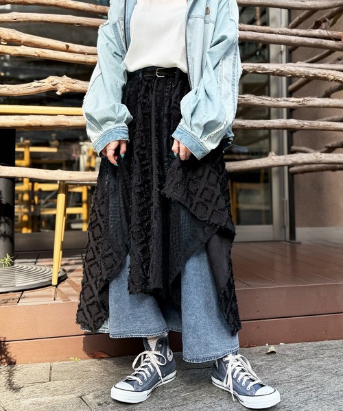 DOUBLE NAME（ダブルネーム）の「フリンジレースランダムヘムスカート（スカート・レディース・ブラック/オフホワイト・FREE）」の9枚目の写真