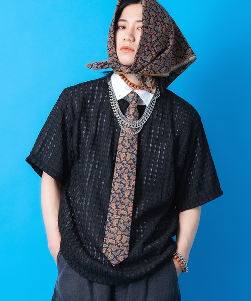 a.p.o.v.(エーピーオービー)の「a.p.o.v. ウェーブレース編みシースルーストライプニットTシャツ(Tシャツ/カットソー・メンズ・ブラック/ホワイト・ONESIZE)」の2枚目の写真
