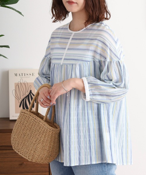 BRODIAEA(ブローディア)の「BRODIAEA マルチカラーストライプ切り替え7分袖シアーブラウス(シャツ/ブラウス・レディース・グレー系/ブルー系・40)」の7枚目の写真