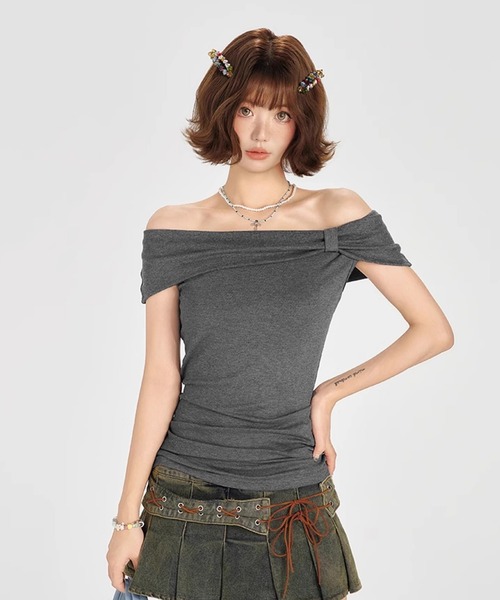 tシャツ オフショルダー リボンディティール 半袖トップス GH25s091「Girlyhalo」 レディース オフショルダー リボンディティール 半袖トップス GH25s091