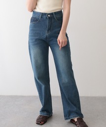 配色 ウォッシュ加工 ハイウエスト ストレート デニムパンツ