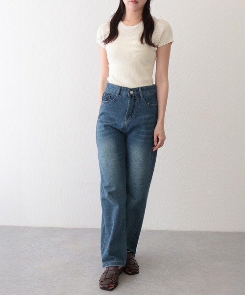 Lace Ladies(レースレディース)の「配色 ウォッシュ加工 ハイウエスト ストレート デニムパンツ(デニムパンツ・レディース・ブルー・XL/L/M/S)」の2枚目の写真
