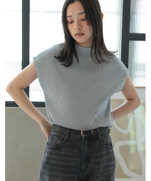 セール】[涼感]レーヨンブレンドボトルネックフレンチスリーブニット
