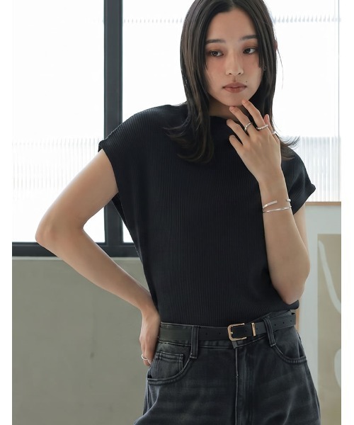 Re:EDIT（リエディ）の「[涼感]レーヨンブレンドボトルネックフレンチスリーブサマーニットトップス（Tシャツ/カットソー・レディース・ホワイト/ブラウン/グレー/ブルー/ブラック・MEDIUM/LARGE）」の6枚目の写真