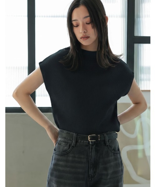 Re:EDIT（リエディ）の「[涼感]レーヨンブレンドボトルネックフレンチスリーブサマーニットトップス（Tシャツ/カットソー・レディース・ホワイト/ブラウン/グレー/ブルー/ブラック・MEDIUM/LARGE）」の8枚目の写真