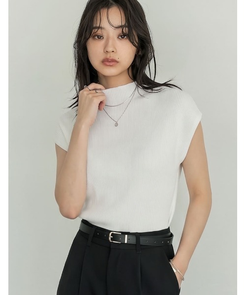Re:EDIT（リエディ）の「[涼感]レーヨンブレンドボトルネックフレンチスリーブサマーニットトップス（Tシャツ/カットソー・レディース・ホワイト/ブラウン/グレー/ブルー/ブラック・MEDIUM/LARGE）」の11枚目の写真