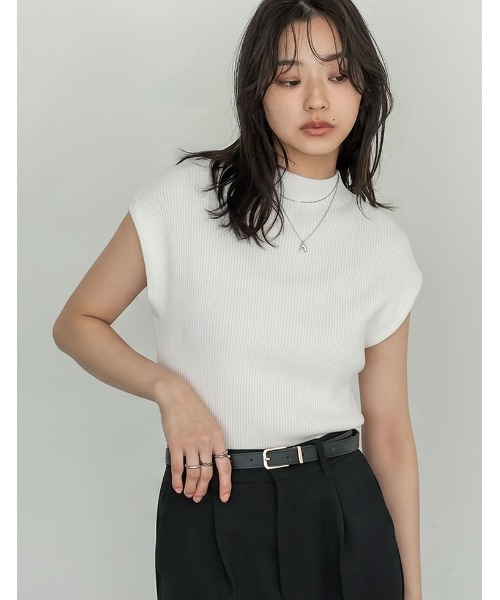Re:EDIT（リエディ）の「[涼感]レーヨンブレンドボトルネックフレンチスリーブサマーニットトップス（Tシャツ/カットソー・レディース・ホワイト/ブラウン/グレー/ブルー/ブラック・MEDIUM/LARGE）」の13枚目の写真