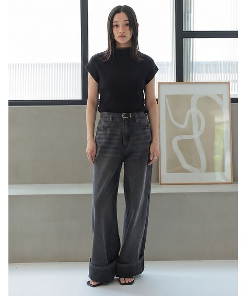 Re:EDIT（リエディ）の「[涼感]レーヨンブレンドボトルネックフレンチスリーブサマーニットトップス（Tシャツ/カットソー・レディース・ホワイト/ブラウン/グレー/ブルー/ブラック・MEDIUM/LARGE）」の7枚目の写真