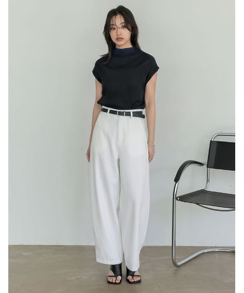 Re:EDIT（リエディ）の「[涼感]レーヨンブレンドボトルネックフレンチスリーブサマーニットトップス（Tシャツ/カットソー・レディース・ホワイト/ブラウン/グレー/ブルー/ブラック・MEDIUM/LARGE）」の9枚目の写真
