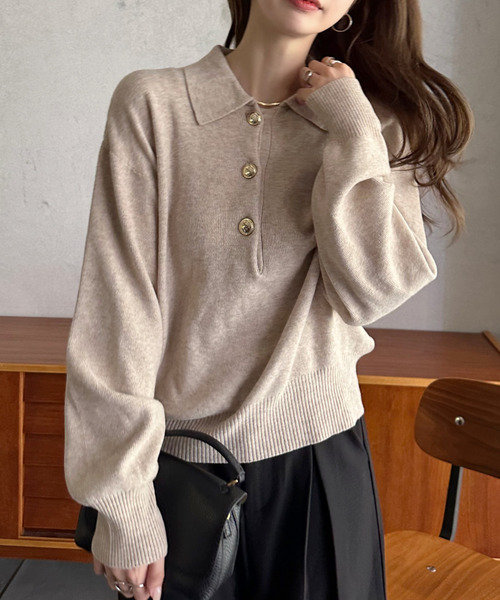 新品未使用☆エトレ☆限定☆ニットポロ セール】【Eclat one】ゴールドボタン ニット ポロシャツ（ニット
