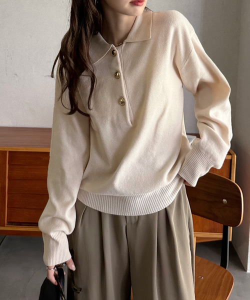 Eclat one(エクラワン)の「【Eclat one】ゴールドボタン ニット ポロシャツ(ポロシャツ・レディース・アイボリー/ライトベージュ/グレー/ブラウン/ブラック/ピンク/ネイビー・M/L)」の13枚目の写真