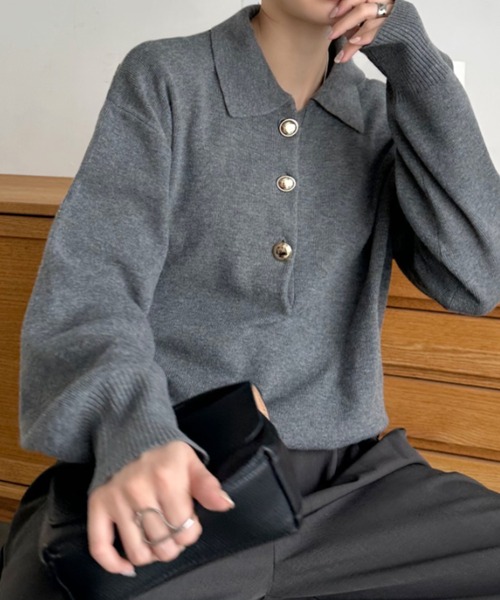 Eclat one(エクラワン)の「【Eclat one】ゴールドボタン ニット ポロシャツ(ポロシャツ・レディース・アイボリー/ライトベージュ/グレー/ブラウン/ブラック/ピンク/ネイビー・M/L)」の22枚目の写真