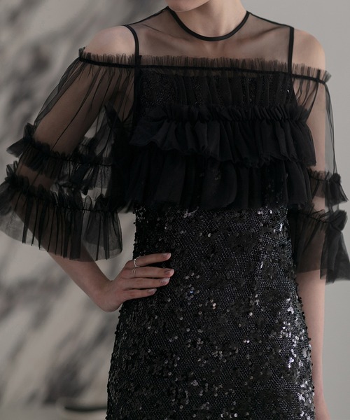 フリルオフショルダースパンコールIラインドレス結婚式パーティー二次会デート成人式 セール】【LEJA】LEJA-フリルオフショルダースパンコール