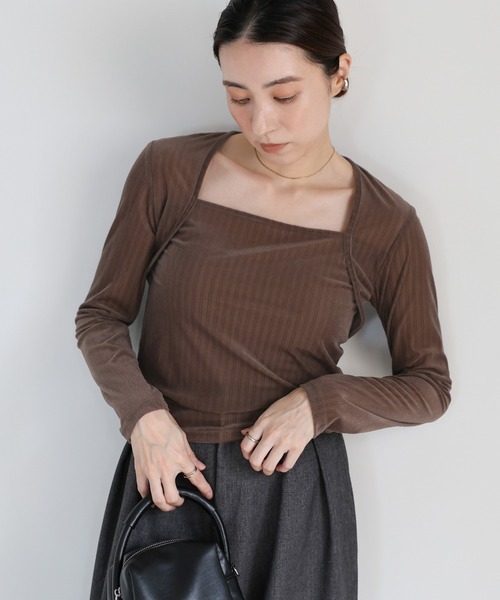 セール】ストライプベロアスクエアネックトップス（Tシャツ/カットソー