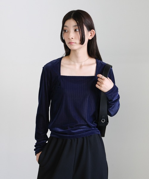 select MOCA（セレクトモカ）の「ストライプベロアスクエアネックトップス（Tシャツ/カットソー・レディース・ネイビー/アイボリー/グレー/ブラウン・FREE）」の11枚目の写真