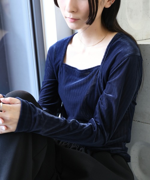 セール】ストライプベロアスクエアネックトップス（Tシャツ/カットソー