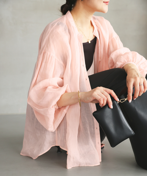 SLOBE IENA（スローブイエナ）の「《追加》ラミースキッパーシャツ（シャツ/ブラウス・レディース・ネイビー/ホワイト/ブラウン/ピンク・FREE）」の4枚目の写真